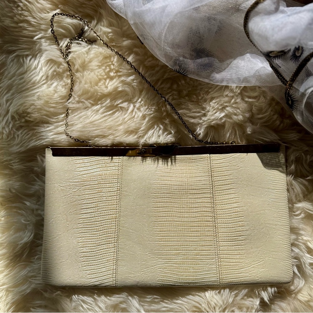 Vintage Leather Clutch Purse | Faux Lizard Skin in Ivory & Tan